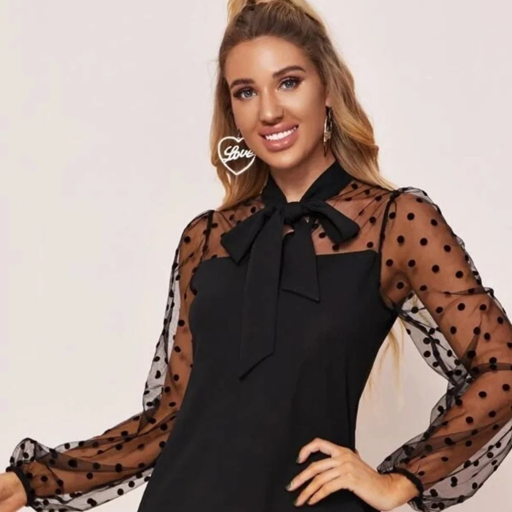 Tie Neck Mesh Sleeve Polka Dot Long Sleeve Top - Picture 4 of 4